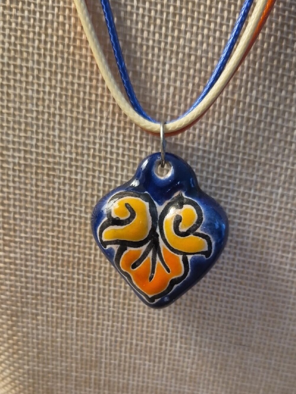 Vintage Ceramic Blue and Orange Leaf Heart Pendant Necklace